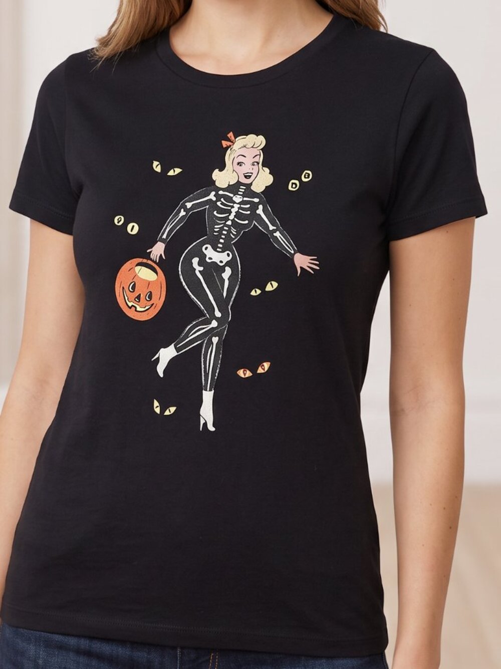 Mischief Made Vintage Inspired Skeleton Pinup Halloween Graphic T-Shirt - S